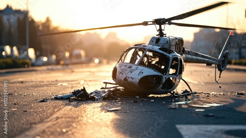 Helicopter crash site with wreckage and damaged vehicles........