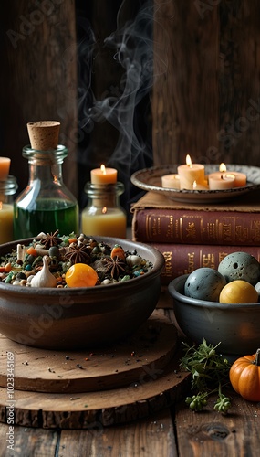 Witch's Potion Ingredients: Dried Herbs, Candles, and Bubbling Cauldron on a Wooden Table photo