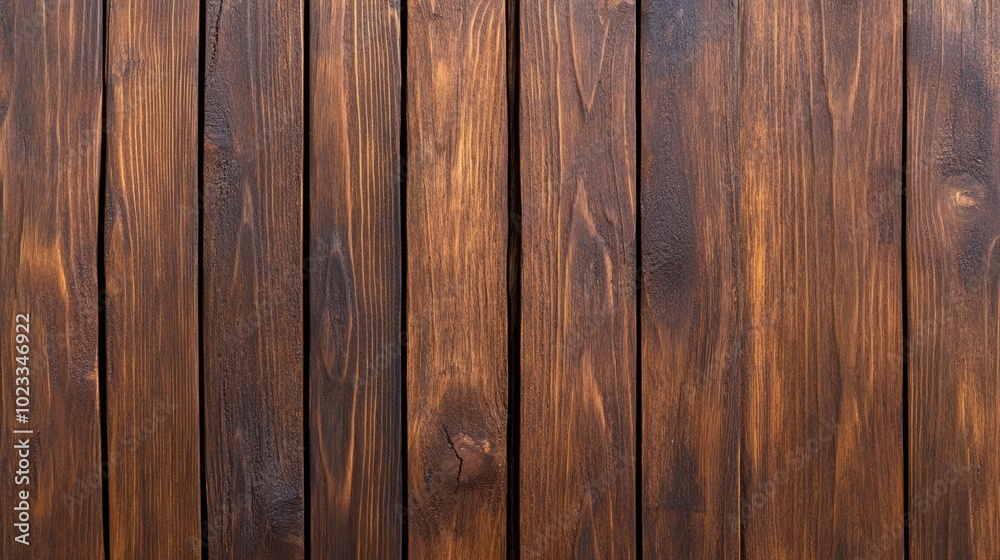 Naklejka premium Dark wood texture with deep brown grains and rough, weathered surface, creating a rustic and natural look on a plain background