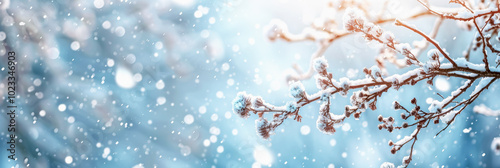 Snowy branches glisten in a serene winter landscape under soft sunlight