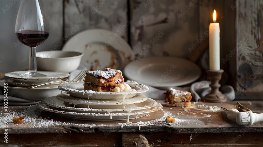 Naklejka premium Remnants of a Lavish Dinner Party Dirty Dishes and Decadent Aftermath