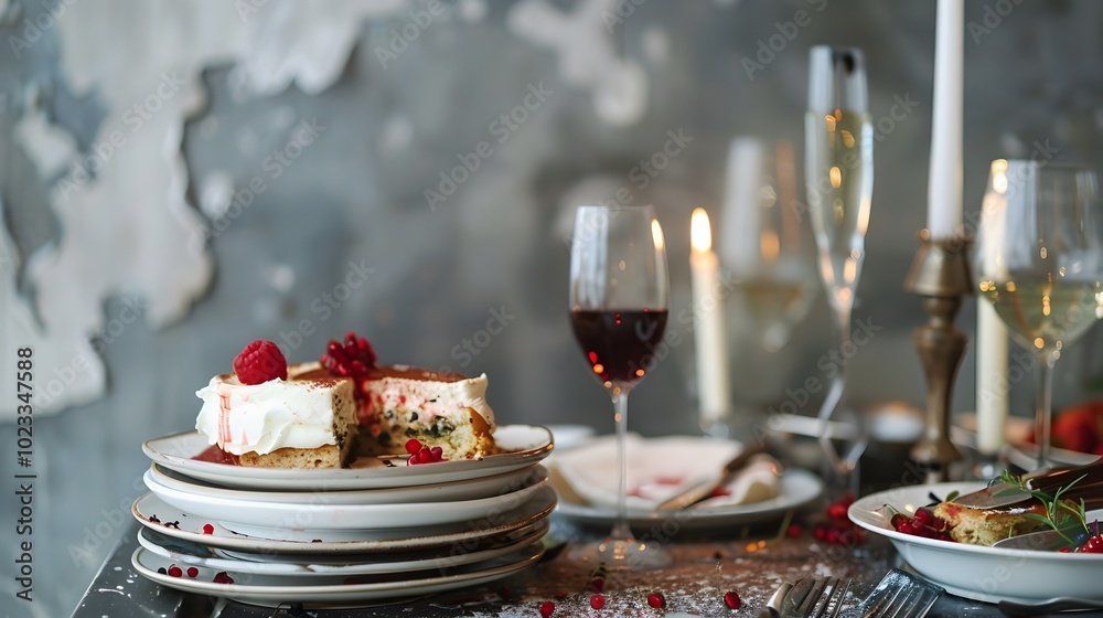 Naklejka premium Lavish Dinner Party Aftermath Dirty Dishes Wine Stains and Candle Wax Remnants Symbolizing End