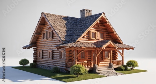 Traditional wooden log cabin house with gabled roof on plain white background