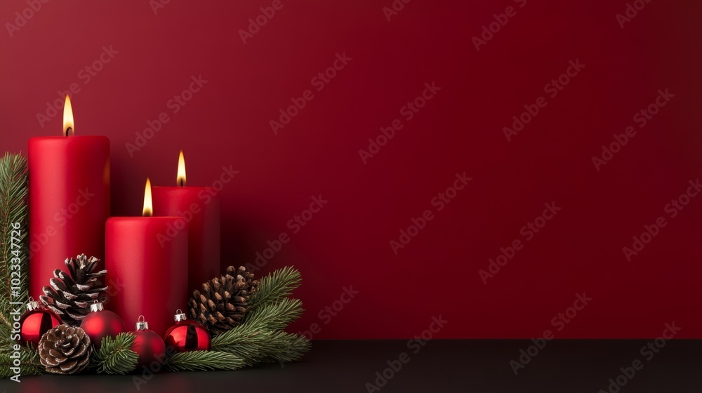 Deep red candles burning beside shadowy Christmas baubles and pinecones, casting warm light on a dark background with space for text Deep red candles burning beside shadowy Christmas baubles and pinecones, casting warm light on a dark background with space for text