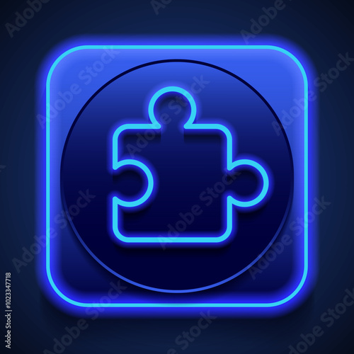 Puzzle vector simple icon. Flat design. Blue neon style on button. With shadow