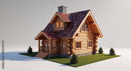 Wooden log cabin house with a sloping roof on plain white background