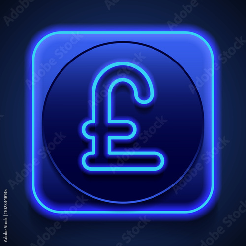 Pounds money simple icon. Flat design. Blue neon style on button. With shadow