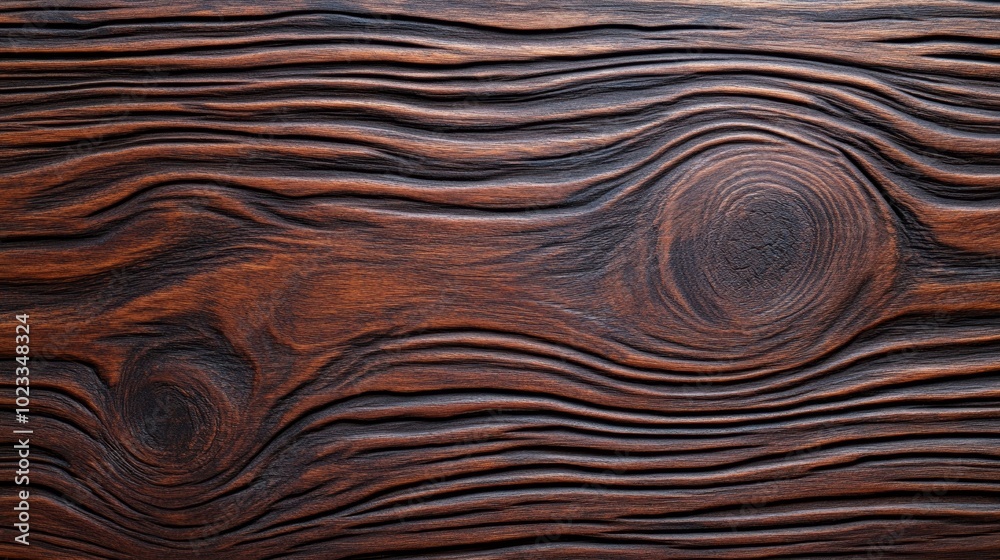 Deep brown and black wood grain texture with a natural, aged appearance, featuring knots and rough edges on a plain background Deep brown and black wood grain texture with a natural, aged appearance, featuring knots and rough edges on a plain background