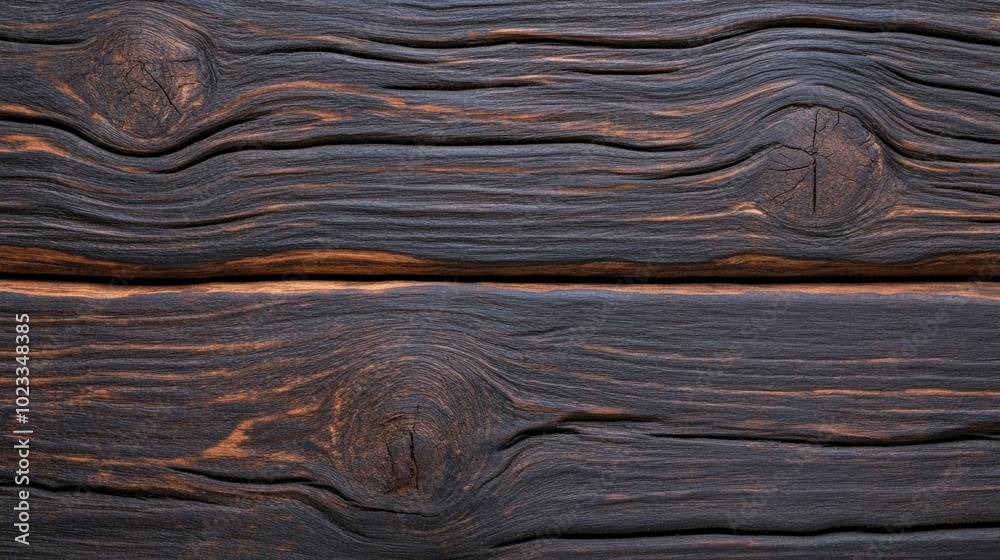 Deep brown and black wood grain texture with a natural, aged appearance, featuring knots and rough edges on a plain background Deep brown and black wood grain texture with a natural, aged appearance, featuring knots and rough edges on a plain background
