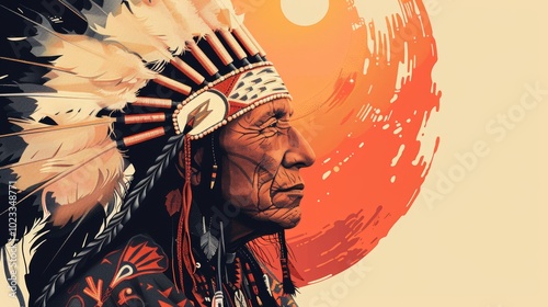 Indigenous Tribal Elder in Ceremonial Feather Headdress Against Sunset Sky