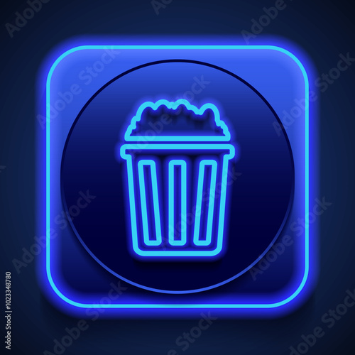 Popcorn simple icon vector. Flat design. Blue neon style on button. With shadow