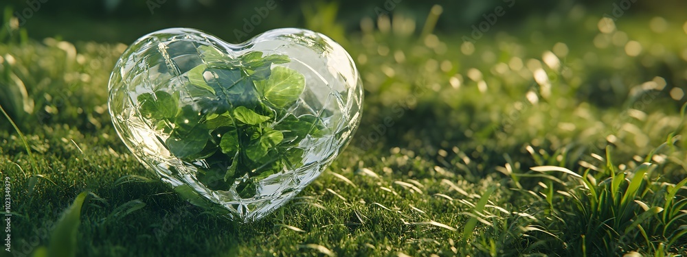 A heart-shaped Earth made of glass, surrounded by lush greenery and grass in the background A heart-shaped Earth made of glass, surrounded by lush greenery and grass in the background