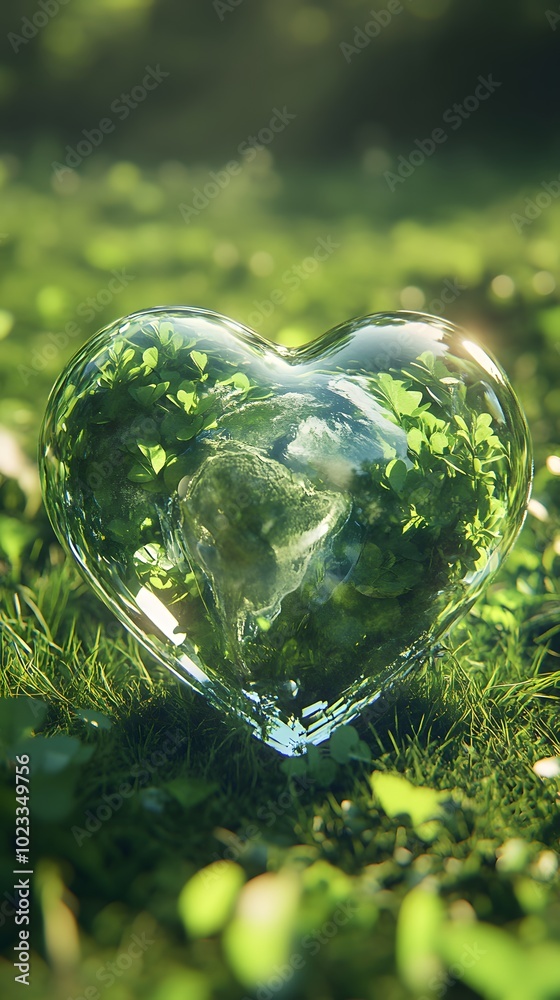 A heart-shaped Earth made of glass, surrounded by lush greenery and grass in the background A heart-shaped Earth made of glass, surrounded by lush greenery and grass in the background