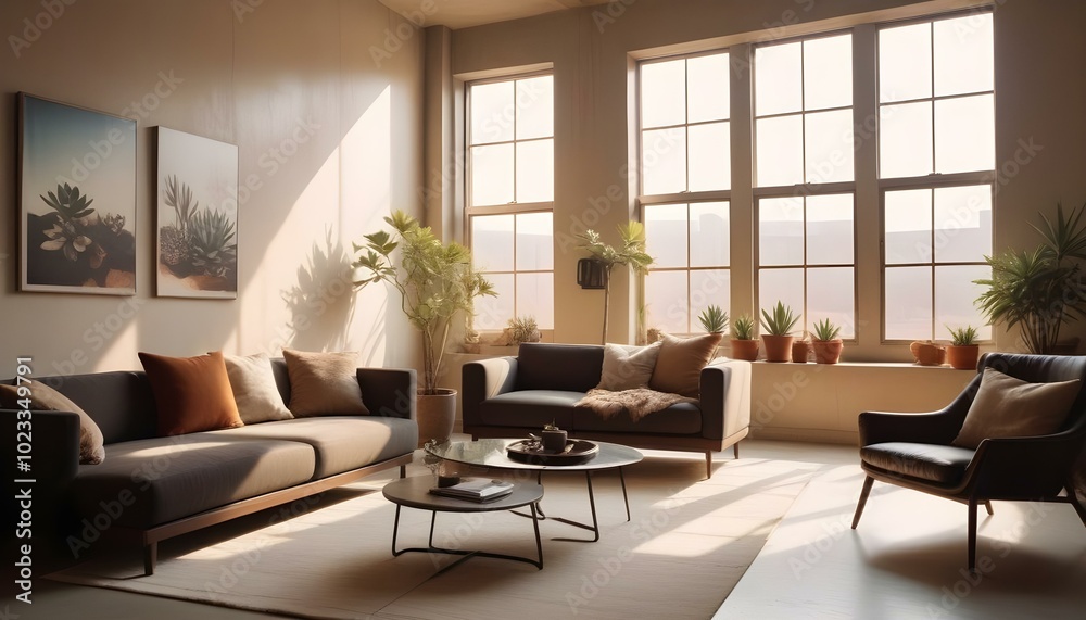Fototapeta premium A spacious industrial living room featuring exposed brick walls, large metal beams, and polished concrete floors. A black leather sofa sits in the center, paired with a reclaimed wood coffee table. La