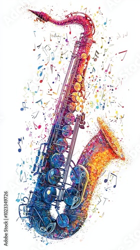 A stunning artwork showcasing a blue saxophone accompanied by swirling musical notes, depicting harmony and the flowing nature of music in a captivating style. photo