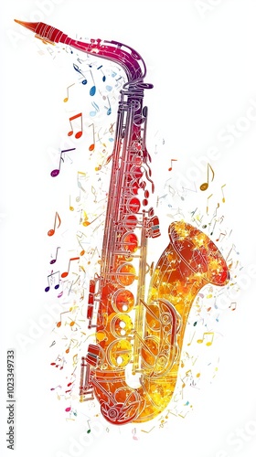 This colorful illustration features a vibrant saxophone surrounded by musical notes, capturing the spirit and energy of music in a dynamic visual form. photo