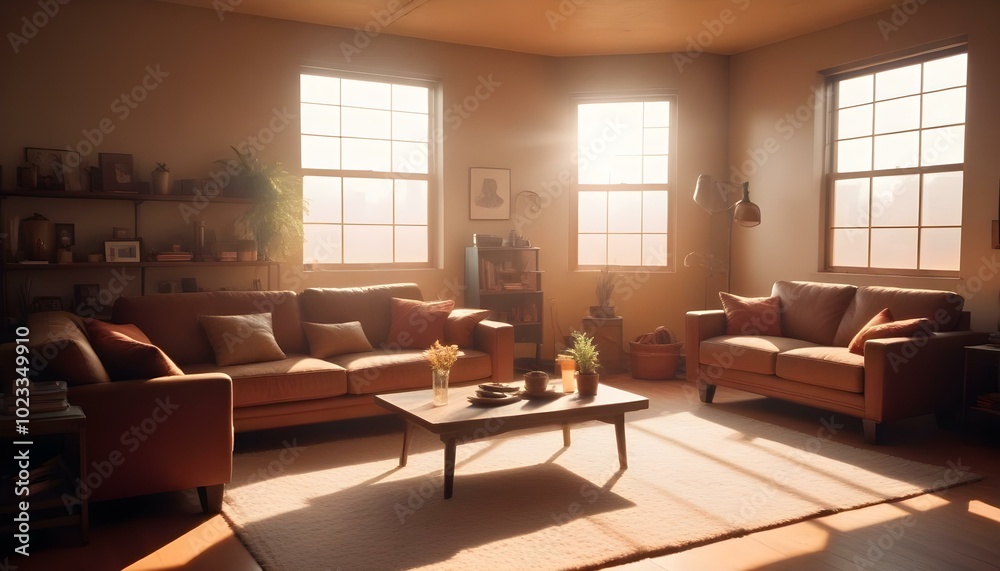 Fototapeta premium A spacious industrial living room featuring exposed brick walls, large metal beams, and polished concrete floors. A black leather sofa sits in the center, paired with a reclaimed wood coffee table. La