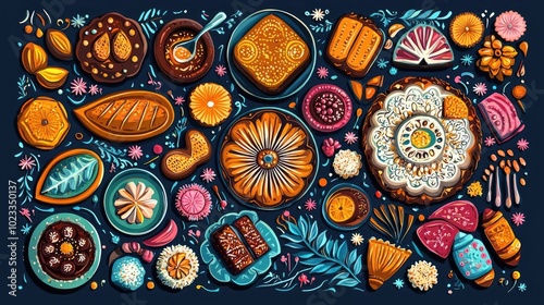 A colorful array of traditional desserts displayed artistically on a dark backdrop, showcasing vibrant shapes and textures.