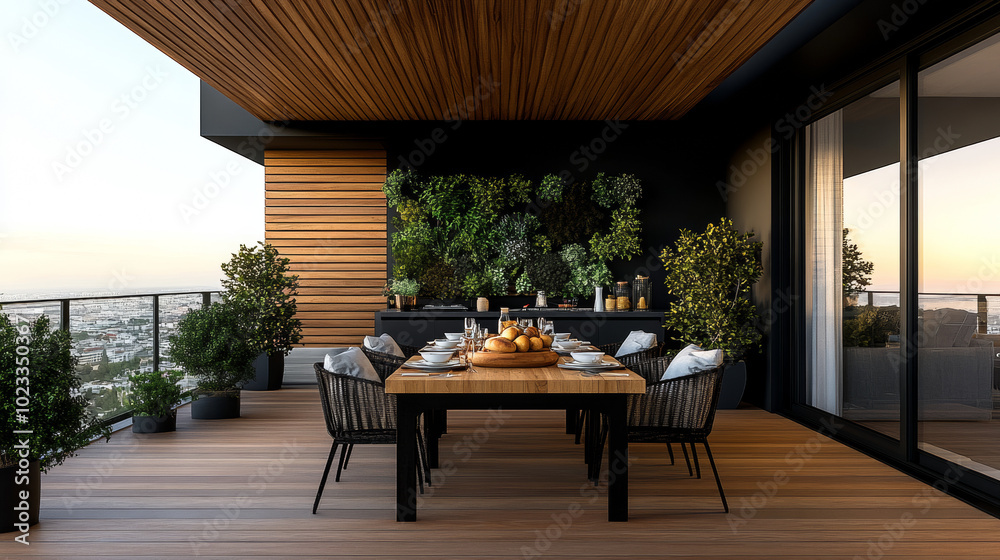 Fototapeta premium Modern balcony dining area with a stunning city view.