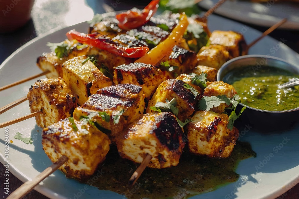 Grilled paneer skewers with a side of green chutney. Grilled paneer skewers with a side of green chutney.