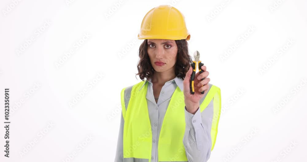 Sad woman construction worker shows pliers and bandaged finger on white. Female in helmet sighs expressing pain with injury at work slow motion Sad woman construction worker shows pliers and bandaged finger on white. Female in helmet sighs expressing pain with injury at work slow motion