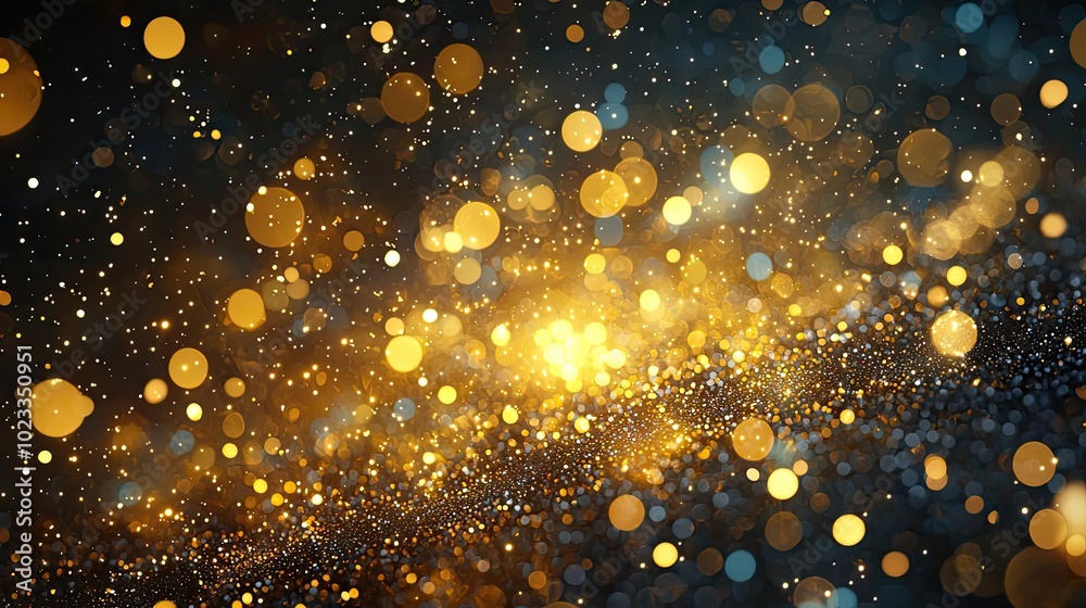 Fototapeta premium A stunning display of golden bokeh lights set against a dark background, perfect for creating a magical atmosphere or festive theme.