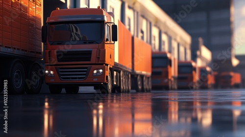 A fleet of orange trucks parked in a warehouse area reflecting on a wet surface.
