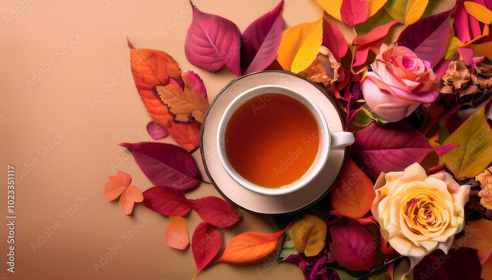 A cozy autumn flat lay featuring a cup of tea surrounded by colorful leaves and roses in a warm setting. Generative AI
