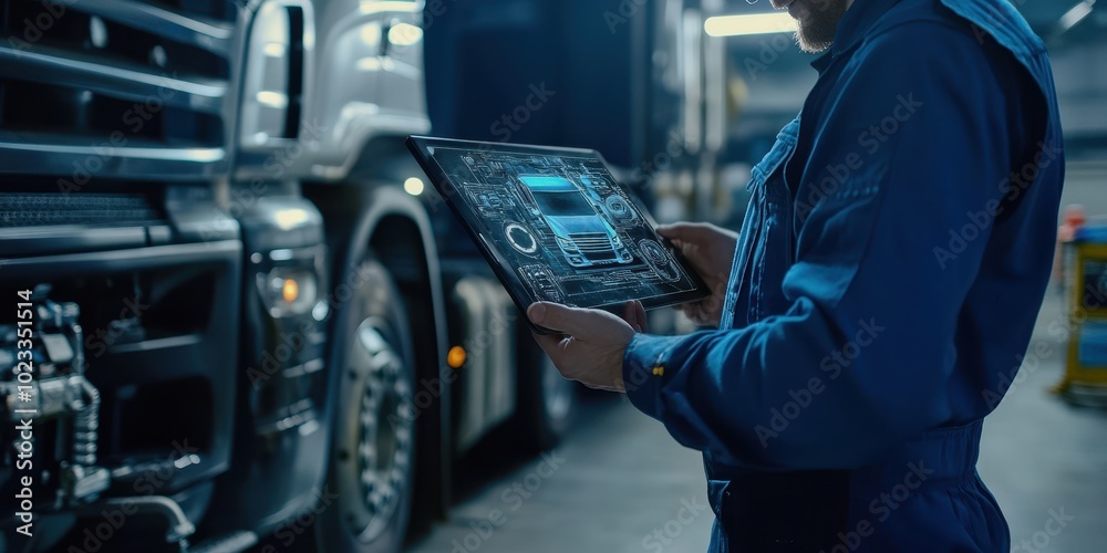 Mechanic Examining Truck Schematic on a Tablet Mechanic Examining Truck Schematic on a Tablet