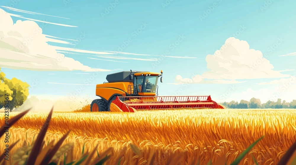 Obraz premium A rural scene showcasing a modern combine harvester at work in a rice field during the harvest season. Perfect for farming technology, rural economy, and food supply chains. 