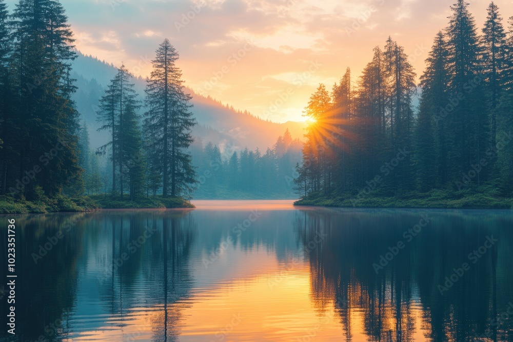 sunset lake forest, a serene lake embraced by tall pine trees, with the sunset casting a warm hue, forming a captivating natural setting sunset lake forest, a serene lake embraced by tall pine trees, with the sunset casting a warm hue, forming a captivating natural setting