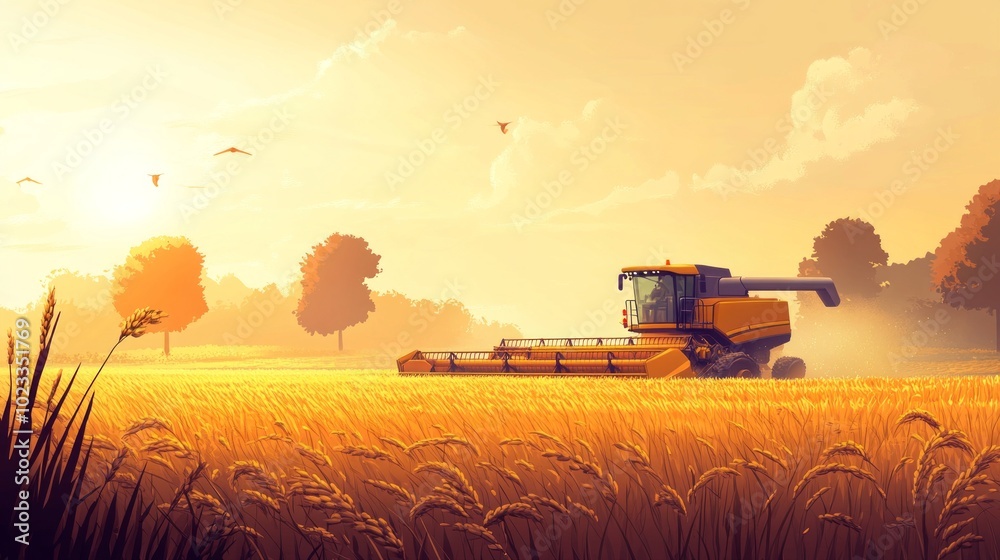 Fototapeta premium A rural scene showcasing a modern combine harvester at work in a rice field during the harvest season. Perfect for farming technology, rural economy, and food supply chains. 