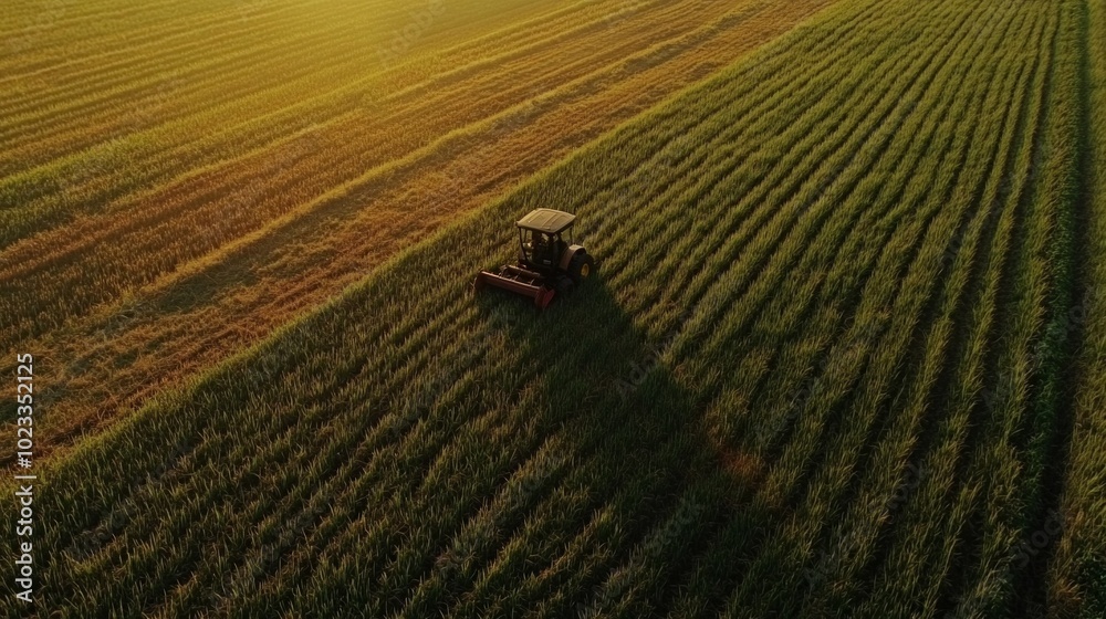 Obraz premium Aerial shot of a rice harvester moving through a large field, efficiently collecting the crop. Great for aerial photography, modern farming, and agribusiness content.