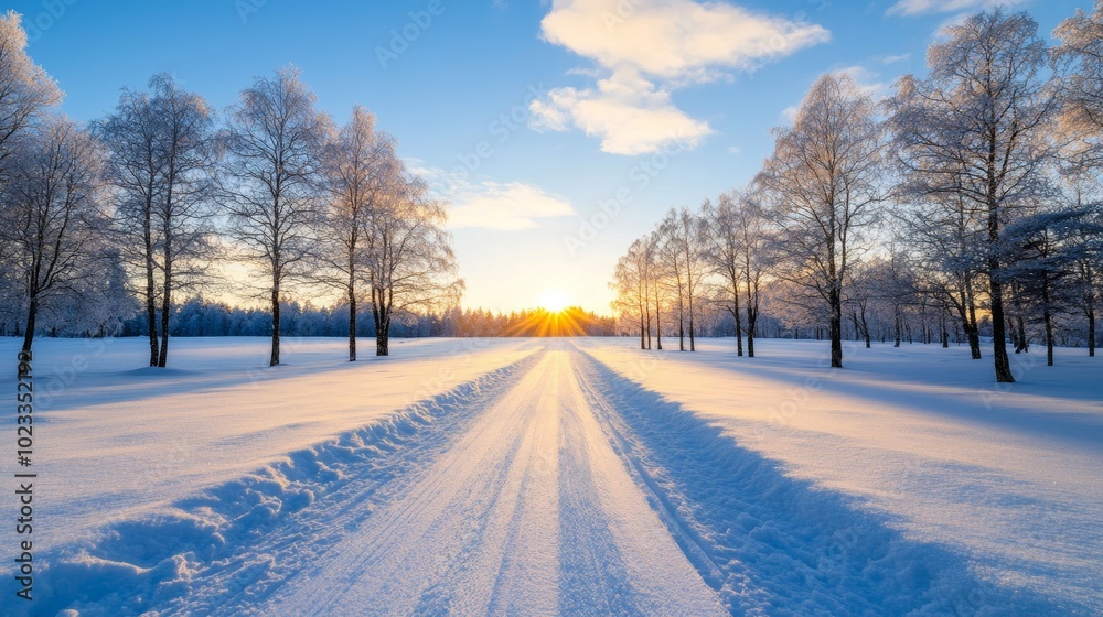 Golden sun shining through frosted trees, casting a warm glow over a snow-covered path with blue skies above Golden sun shining through frosted trees, casting a warm glow over a snow-covered path with blue skies above