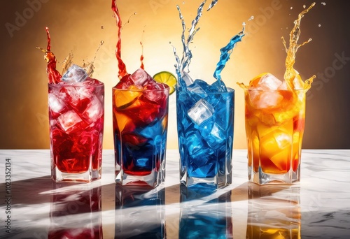 vibrant splash colorful iced beverages creating refreshing effect pristine white surface, drink, liquid, frozen, transparency, glass, moisture, wave photo