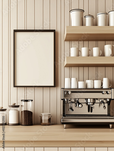 A wall art frame mock up of a minimalist coffee station.
