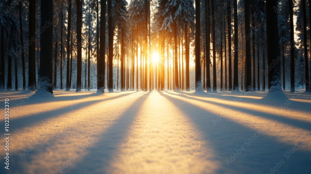 Golden sunlight streaming through a snowy forest, casting long shadows and illuminating the fresh snow on the ground Golden sunlight streaming through a snowy forest, casting long shadows and illuminating the fresh snow on the ground