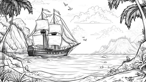 A coloring page of Adventure on a Pirate Ship in Tropical Landscape