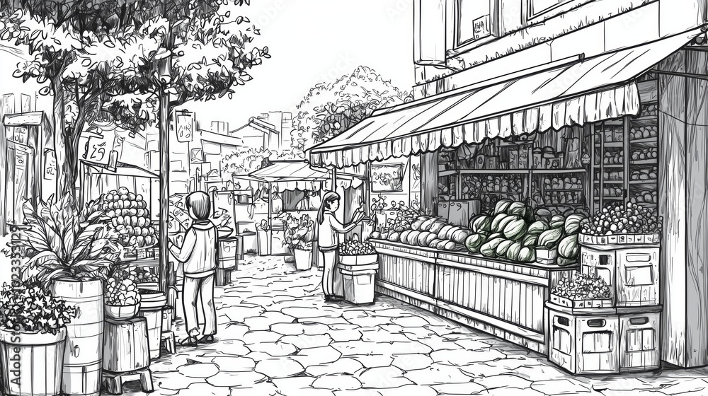 Obraz premium A coloring page of Peaceful Village Market with Fruit Stalls