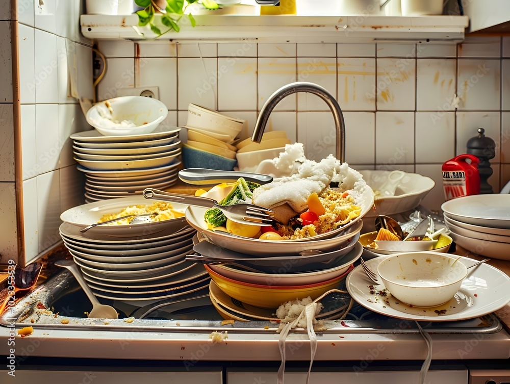 Φωτογραφία Sink Full of Dirty Dishes After a Big Family Meal Cluttered Cookware and Tablewa