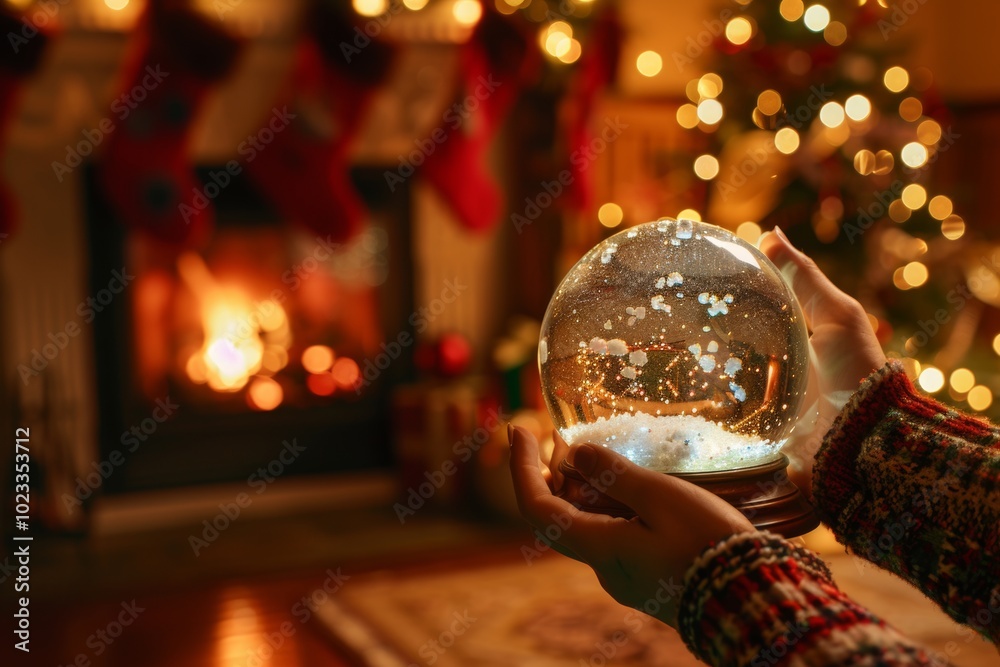 Naklejka premium Cozy christmas snow globe in festive living room