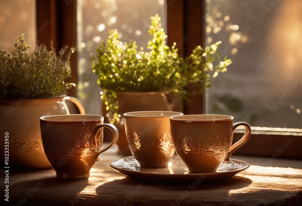 charming coffee cups arranged elegantly cozy morning backdrop warm lighting inviting atmosphere, ceramic, decor, tableware, beverage, cream, sugar, steam charming coffee cups arranged elegantly cozy morning backdrop warm lighting inviting atmosphere, ceramic, decor, tableware, beverage, cream, sugar, steam