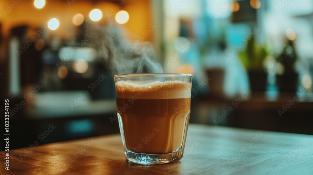 Close-up of a steaming cup of coffee in a cozy, inviting cafÃ©. Suitable for lifestyle, relaxation, and hospitality-related content. 