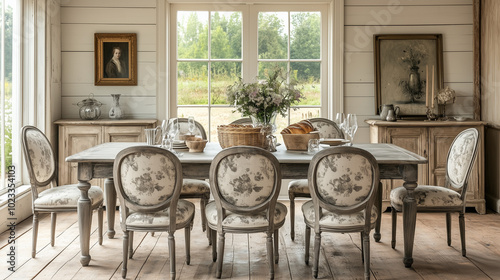 Elegant Rustic Dining Room with Wooden Table & Floral Chairs Overlooking Countryside