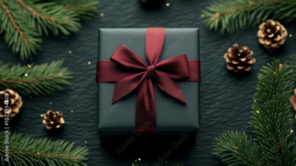 Isolated black gift box with a dark red bow, surrounded by deep green pine branches and subtle gold sparkles on a textured black background Isolated black gift box with a dark red bow, surrounded by deep green pine branches and subtle gold sparkles on a textured black background