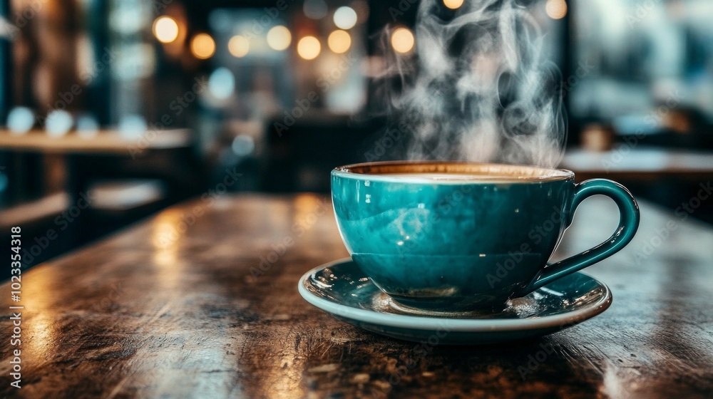 Obraz premium Close-up of a steaming cup of coffee in a cozy, inviting café. Suitable for lifestyle, relaxation, and hospitality-related content.