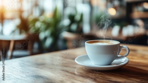 Close-up of a steaming cup of coffee in a cozy, inviting cafÃ©. Suitable for lifestyle, relaxation, and hospitality-related content. 