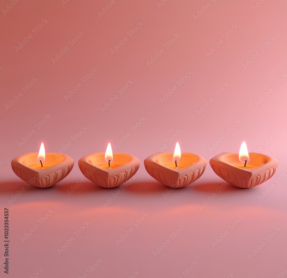 Four Lit Clay Diya Lamps on Pink Background Four Lit Clay Diya Lamps on Pink Background