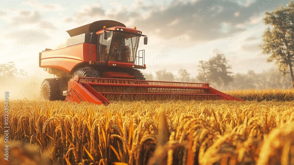 Fototapeta premium Efficient rice harvesting using a modern combine harvester in a thriving rice field. Great for sustainable farming, mechanized agriculture, and crop production themes. 