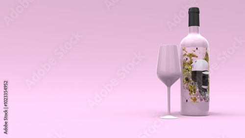 Elegant wine bottle with label and the glass on pink background. Modern cover design. 3d illustration.